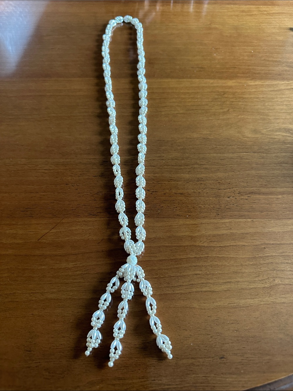 Vintage White Faux Pearl Beaded Lariat Tassel Necklace, Woven Leaf Flapper Style